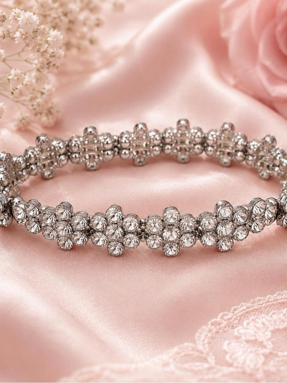Silver Crystal Floral Rhinestone Statement Bracelet